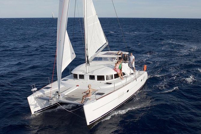 Catamaran Day & Sunset Cruises with meals Drinks and transportation - The catamaran plan: Mykonos south coast, Delos from the water, and Rhenia swimming