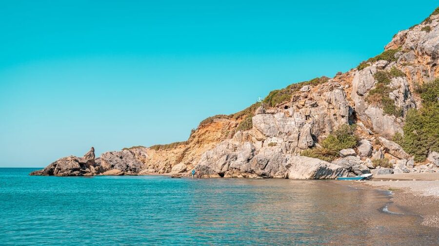 Crete: Preveli Tropical Beach and Palm Forest - Kourtaliotikos Gorge cliffs and the rushing river shot