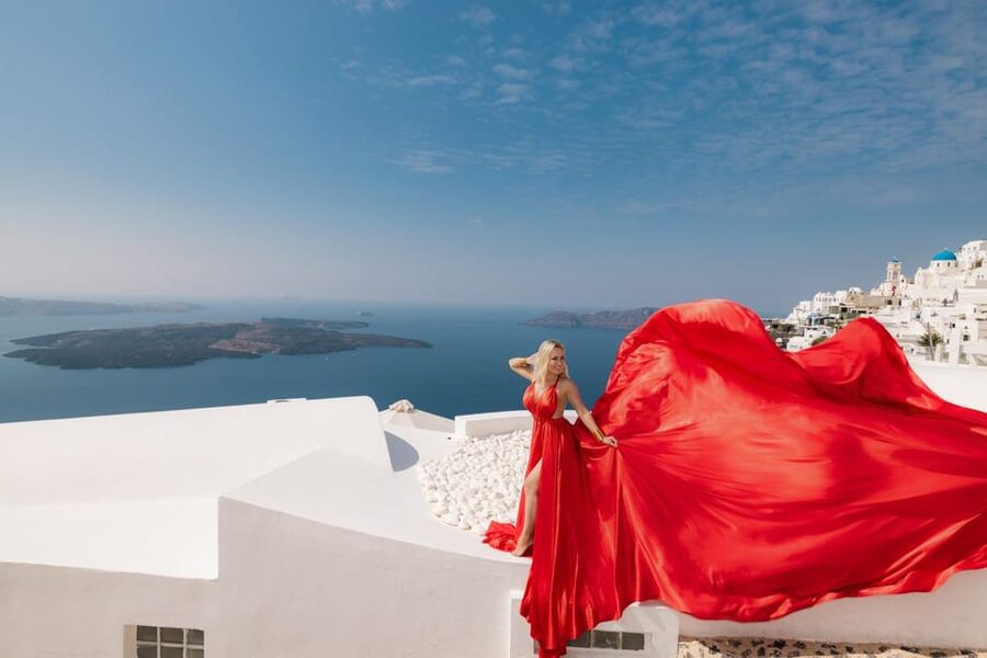 Flying dress Photoshoot in Santorini with Hotel Pickup - Makeup and hairstyle: available, but request it