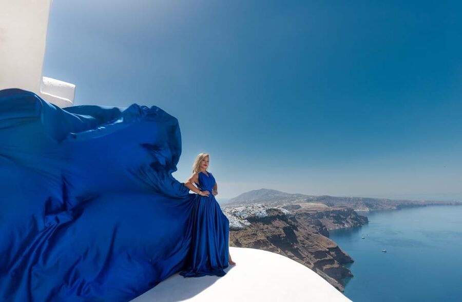 Flying dress Photoshoot in Santorini with Hotel Pickup - Dress selection: 35 color and style options in all sizes