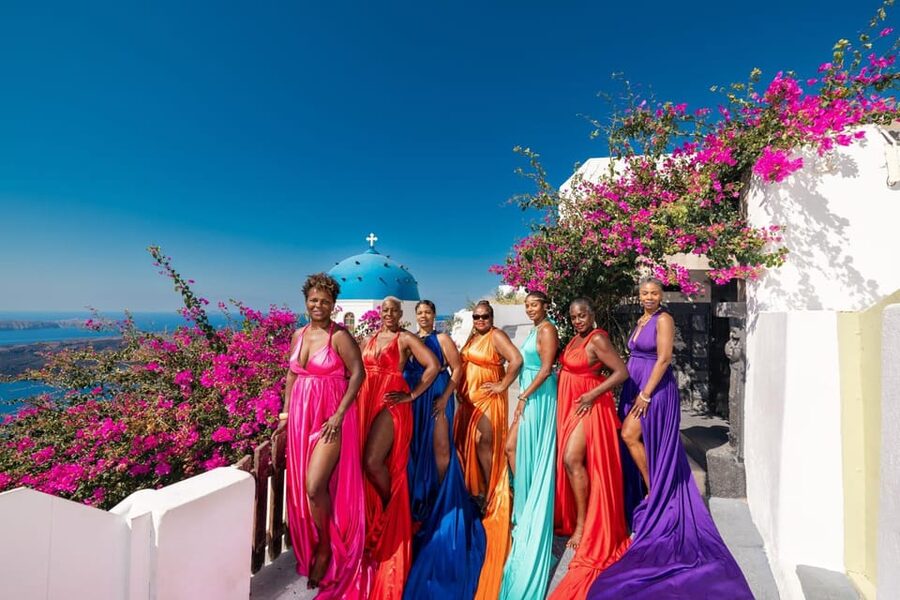 Flying dress Photoshoot in Santorini with Hotel Pickup - Fira stop for photos, sightseeing, and sunset light