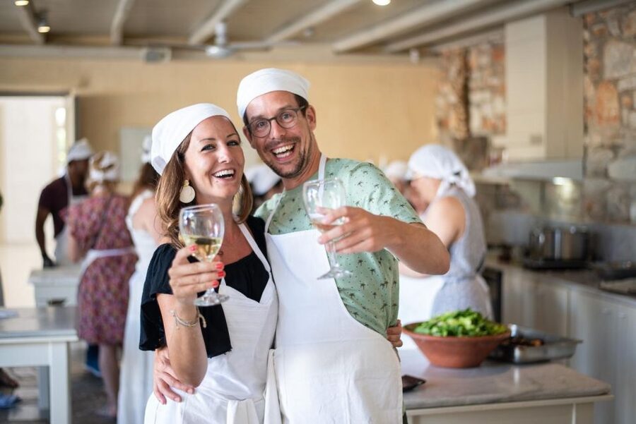 Greek Cooking Class with a Local Chef, Wine, & Meal in Drios - Dinner at your table: paired with wine and built from your work