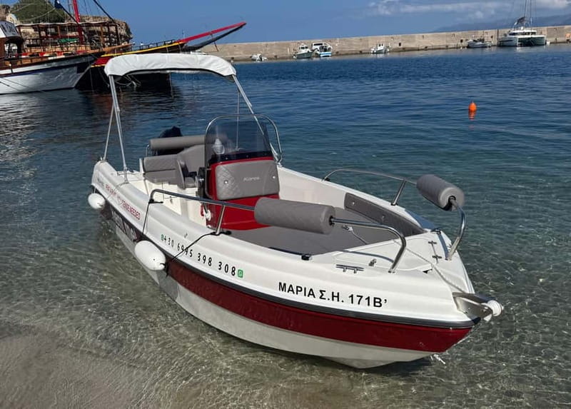 Hersonissos: Private Motorboat Rental - No License Required - Swimming, Snorkeling, and the Saint George Bay Cave Moment