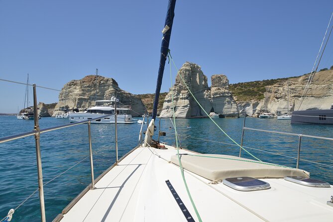 Kleftiko Poliegos and Round Trip Of Milos Island Lunch & Open bar - Poliegos Island: Bright Water and the Rectangular Rock Surprise
