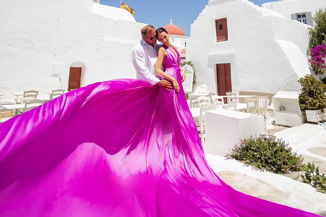 Private Flying Dress Photoshoot in Mikonos - Beyond Paraportiani: Aegean Views, Bougainvillea Color, and Town Vibes