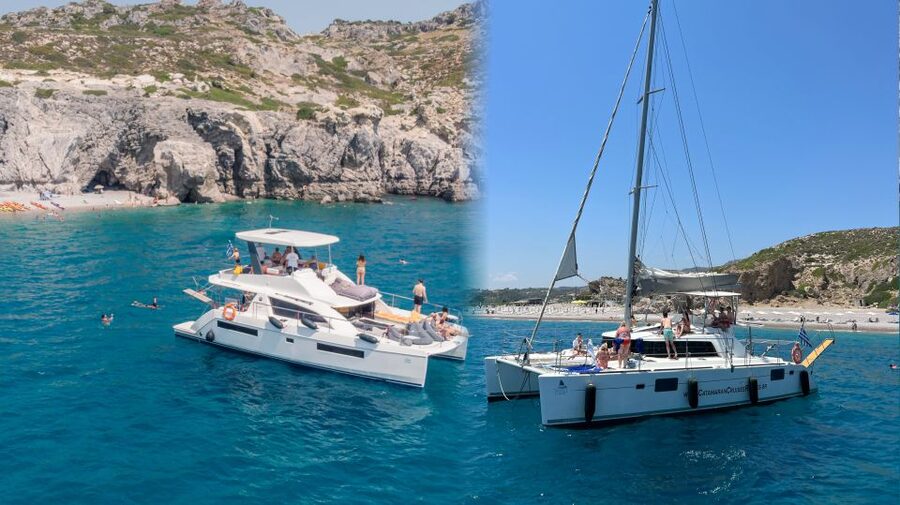 Rhodes: All-Inclusive Catamaran Cruise with Lunch and Drinks - How the day flows: time at anchor, then cruising between bays