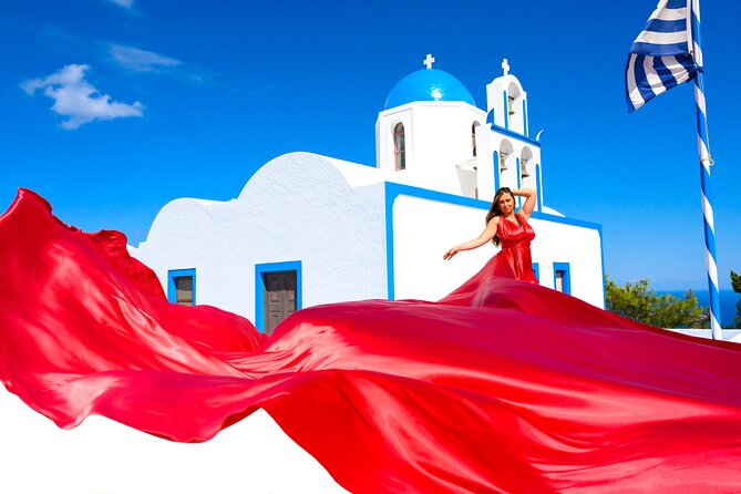 Santorini 2h Private Flying Dress Photoshoot with Transportation - Stop 2: Firostefani, calmer angles and a more flexible look