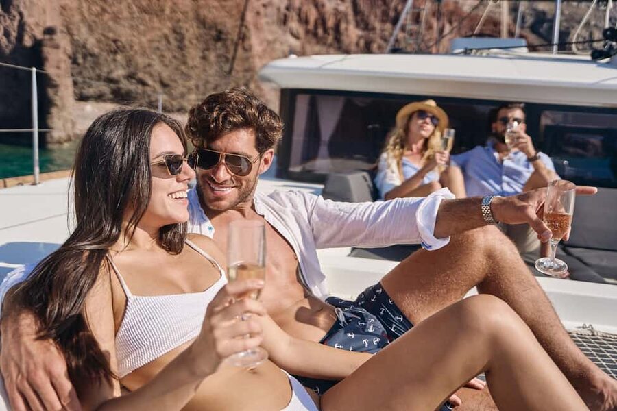 Santorini: Caldera Luxury Catamaran Cruise w/ Meal & Drinks - Mésa Pigádia Snorkel Stop for Fish, Rocks, and Sea-Level Views