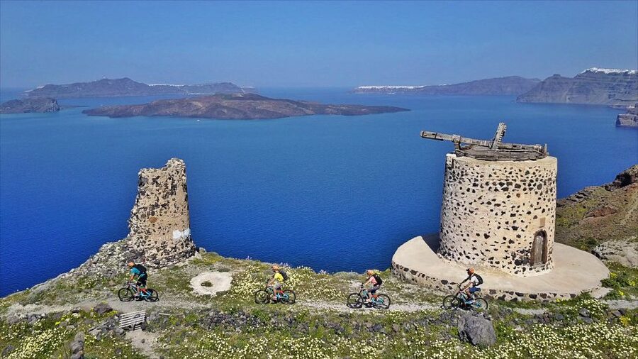 Santorini: Electric Mountain Bike Adventure - Thira area to the Caldera cliffs, then the ash-cave chapel