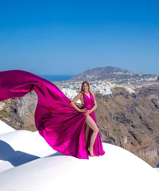 Santorini: Flying Dress Photoshoot with Edited Photos - The flying dress setup: 10 colors, accessories, and rental reality