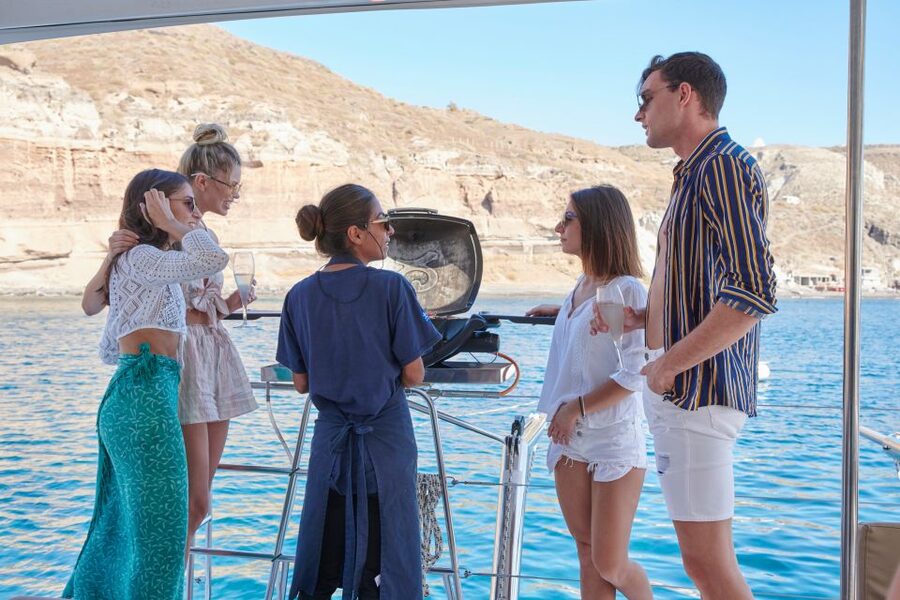 Santorini Gold Catamaran Cruise with Snorkel, BBQ & Open Bar - Mesa Pigadia Beach: Final Swim, Snorkel Gear Up Again, Then the BBQ