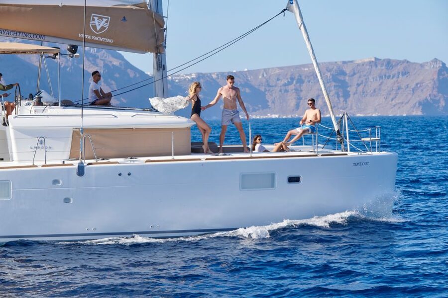 Santorini: Platinum Catamaran Cruise w/ BBQ Meal & Open Bar - Snorkeling Gear Included, Plus Real Tips for Enjoying It
