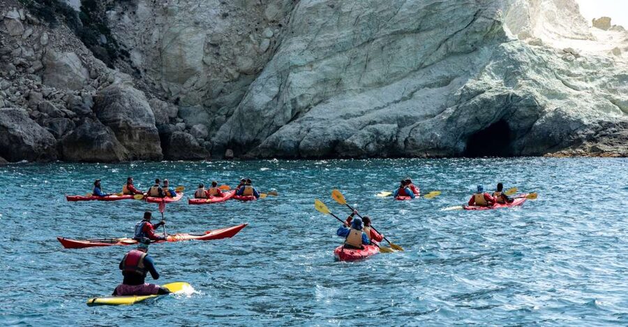 Santorini: Sea Kayaking with Light Lunch - White Beach cliffs and Kampia: where you switch from paddle mode to swim mode